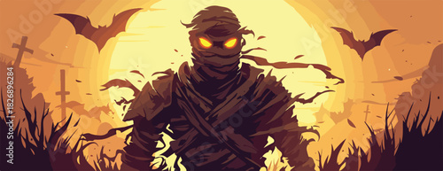 섬뜩한 미라가 묘지 위로 떠오르며 박쥐들이 황혼 속에서 날아다니는 할로윈 일러스트