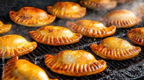 Fototapeta Naklejka Na Ścianę i Meble -  Empanadas being fried on a hot grill creating a tasty meal