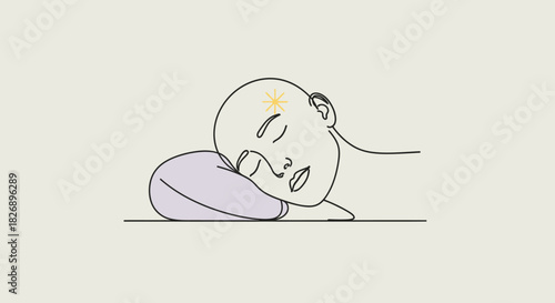 A serene line art illustration captures a person peacefully resting on a soft pillow, with a bright spark above their head symbolizing dreams or a new idea.