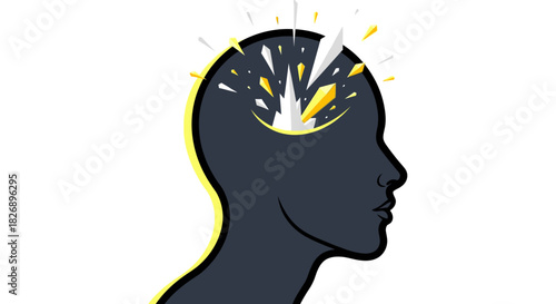 A vivid human head silhouette depicts a brilliant explosion of light and fragments, symbolizing a sudden breakthrough, new idea, or intense mental process.