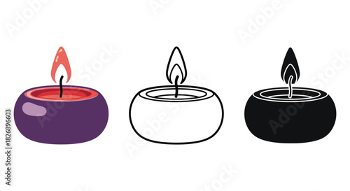 Three candle illustrations in color outline and silhouette styles