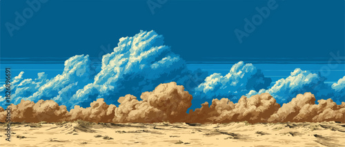푸른 하늘 아래 펼쳐진 사막 위로 웅장한 구름이 떠 있는 모습, 픽셀 아트 스타일