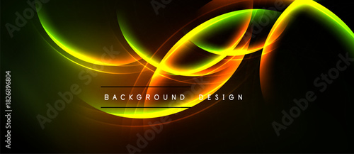Abstract waves, vibrant colors, dynamic lines. Dark background enhances luminosity, creating modern visual impact. Text reads background design.