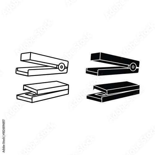 Two pairs of staplers one outlined and one solid black on a white background