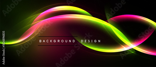 Abstract vibrant waves, flowing lines. Pink, green, yellow hues contrast dark background. Modern design element for digital projects.