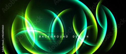 Abstract neon design. Glowing curves, vibrant green hues, dark background create dynamic visual effect. Modern, futuristic aesthetic.