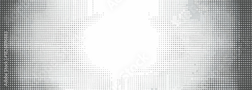 중앙에서 밝은 빛이 퍼져나가는 듯한 효과를 주는 회색조 그라데이션과 미세한 하프톤 패턴이 특징인 현대적인 디지털 추상 배경 벡터 이미지입니다.