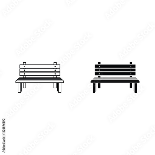 Simple line drawing and silhouette of a wooden park bench