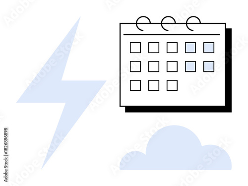 Lightning bolt, calendar with marked dates, and cloud. Ideal for weather, forecasting, planning, agility, workload management, scheduling adaptability and coordination in a simple flat metaphor