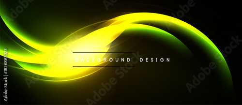 Abstract yellow, green light flows across black background. Modern design element for digital projects. Smooth curves create dynamic visual effect.