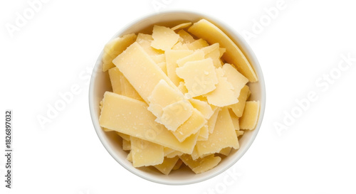 Parmigiano Reggiano cheese flakes in bowl isolated PNG, Italian hard cheese pieces for cooking and culinary use on transparent background