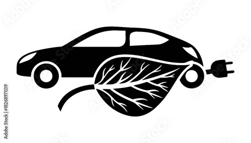 Silhouette of electric car with leaf and plug on white background view