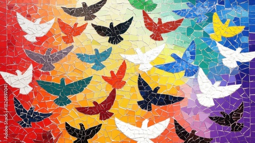 Mosaic of colorful birds soaring across a textured background