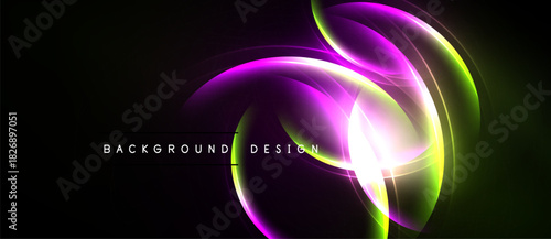 Abstract neon lines create dynamic curves. Vibrant purple, green, yellow hues blend against black backdrop. Modern design element.