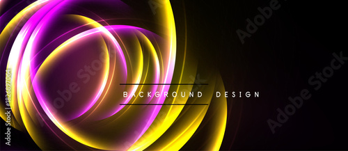 Abstract design features vibrant curves, gold, magenta hues. Dark background emphasizes flowing light shapes, modern aesthetic.