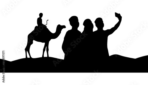 Silhouette of camel rider and group taking selfie in desert landscape