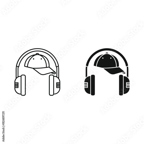 Stylized icon of headphones and baseball cap in outline and solid black