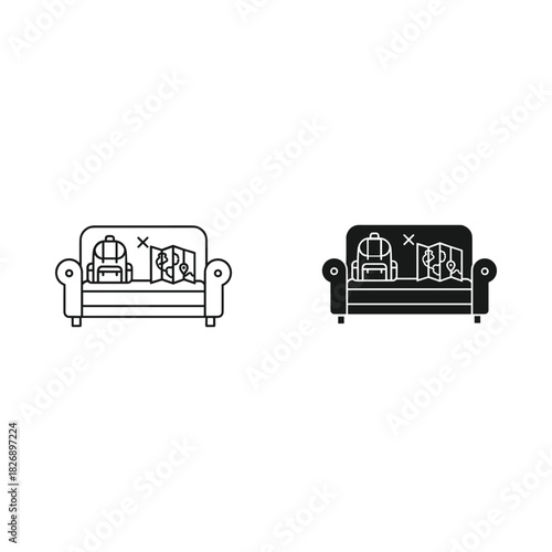 Two contrasting sofa icons one outlined and one filled with pillows and blankets