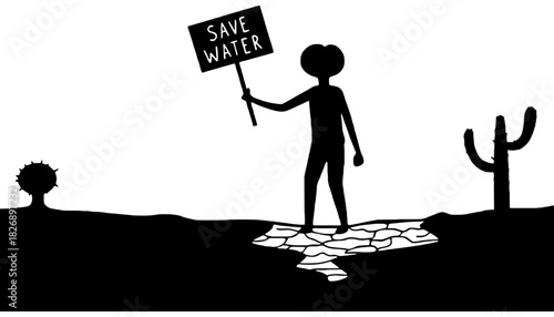 Silhouette figure holding save water sign in arid desert landscape