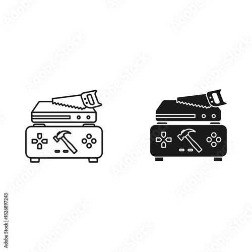 Broken gaming console with hammer and saw icons representing repair or damage