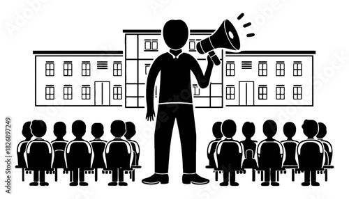 Leader with megaphone addressing crowd in front of a building icon