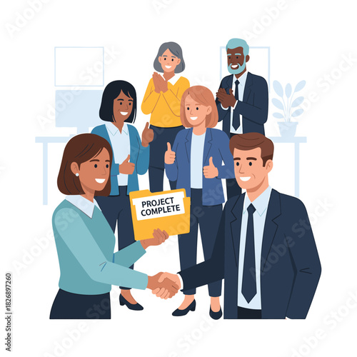 Team celebrates project completion with handshake and thumbs up in an office setting illustration