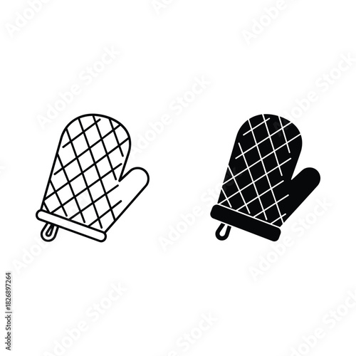 Two oven mitts one outlined and one filled in black for baking and cooking safety