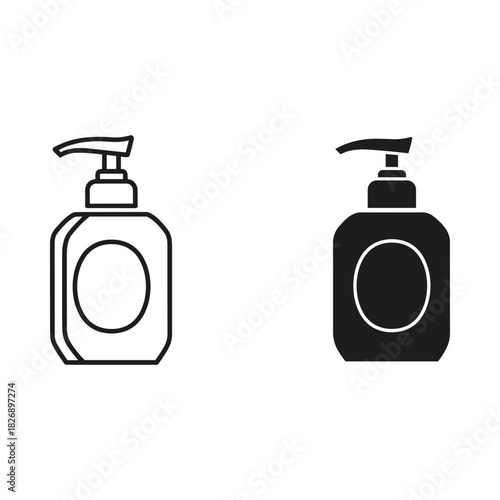 Two stylized icons of a liquid soap dispenser one outlined and one solid black