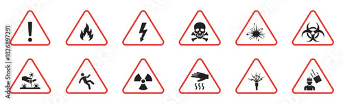 Warning hazard icon set. Minimal red outline safety triangles with clean danger pictograms – stock vector