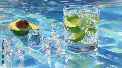 Vibrant still life of an avocado, ice cubes, and a refreshing drink on a shimmering surface