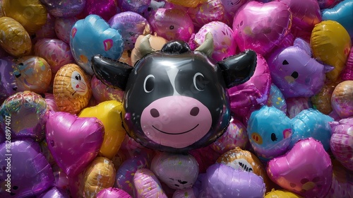 Cute cow balloon amidst colorful heart and animal balloons