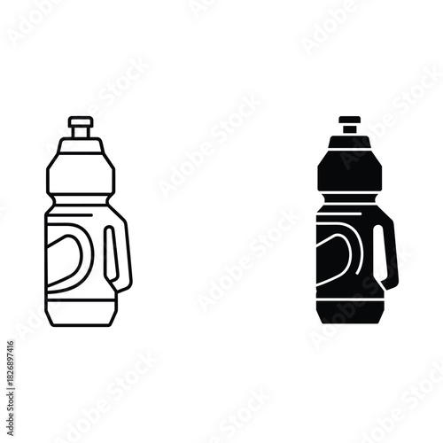 Two stylized icons of a reusable sports water bottle one outlined and one solid black