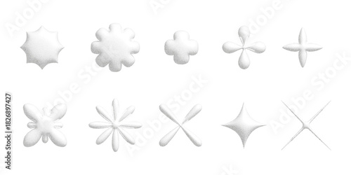 Set of grainy gradient star shapes with halftone noise and stipple texture. Abstract starburst elements with soft fade and vintage dotwork style, perfect for highlights, sparkle accents and graphic