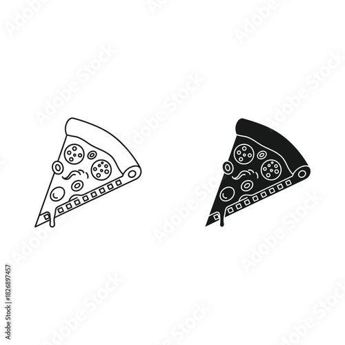 Two slices of pizza one outlined and one solid black on white background