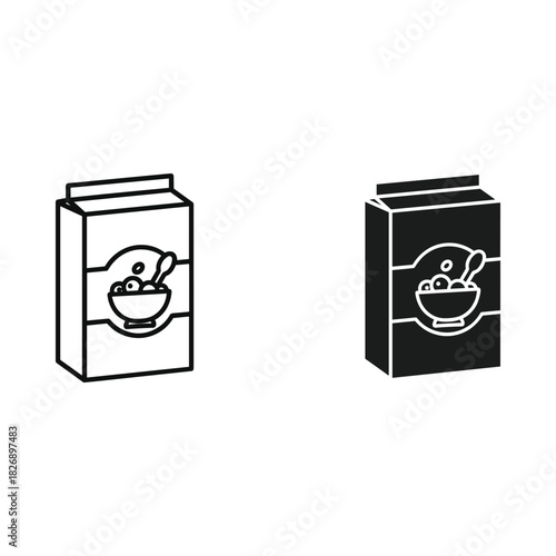 Two simple graphic icons representing a cereal box with a bowl of cereal and spoon