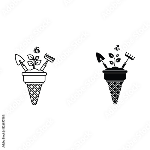 Creative ice cream cone filled with gardening tools and a sprout