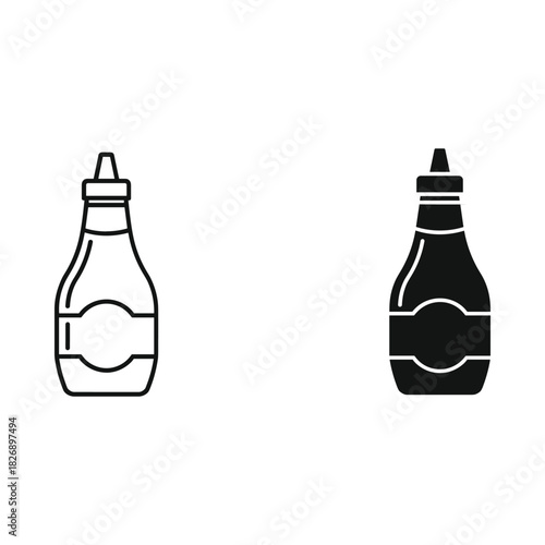 Two stylized bottles of sauce or condiment one outlined and one solid black