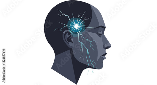 Conceptual illustration of a human head with a bright light and electrical sparks symbolizing a powerful idea or sudden insight.