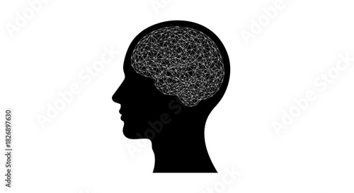 Silhouette of a human head displaying a complex, abstract network pattern representing thoughts and cognition.