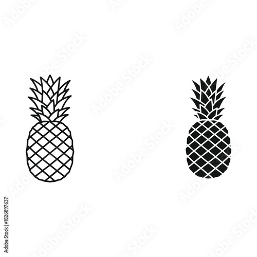 Two pineapples one outline and one silhouette on white background