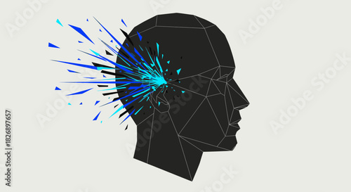 Abstract digital representation of a human head exploding into vibrant blue and cyan geometric shards symbolizing creativity and thought.