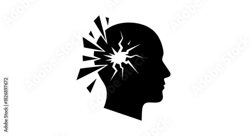 Silhouette of a human head exploding with bright light and sharp fragments symbolizing mental breakdown or intense thought.