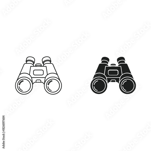 Pair of binoculars in outline and silhouette style on white background