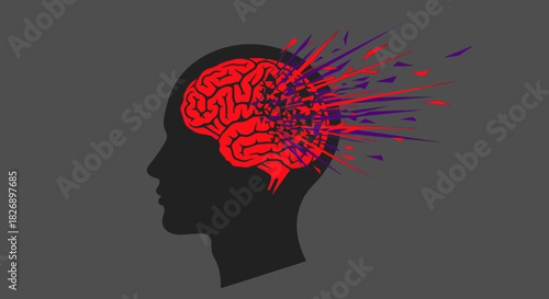 Silhouette of a human head with a vibrant red brain exploding outwards with colorful streaks representing thoughts or ideas.