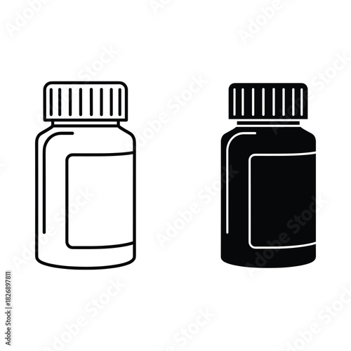 Two simple line art illustrations of medicine bottles one in outline and one in silhouette