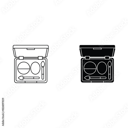 Two stylized illustrations of an open makeup palette with eyeshadow and applicator