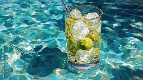 A glass of refreshing drink with ice and fruit, resting on a textured surface resembling water