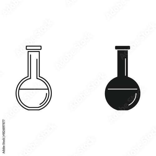 Two laboratory flasks one outline and one solid black on white background