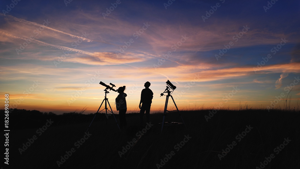 Fototapeta premium Amateur astronomer using telescope for watching stars, Moon, planets and other celestial objects from a field in nature.