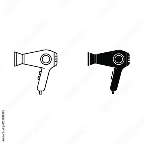 Two stylized illustrations of a hairdryer one in black and white outline and one solid black silhouette